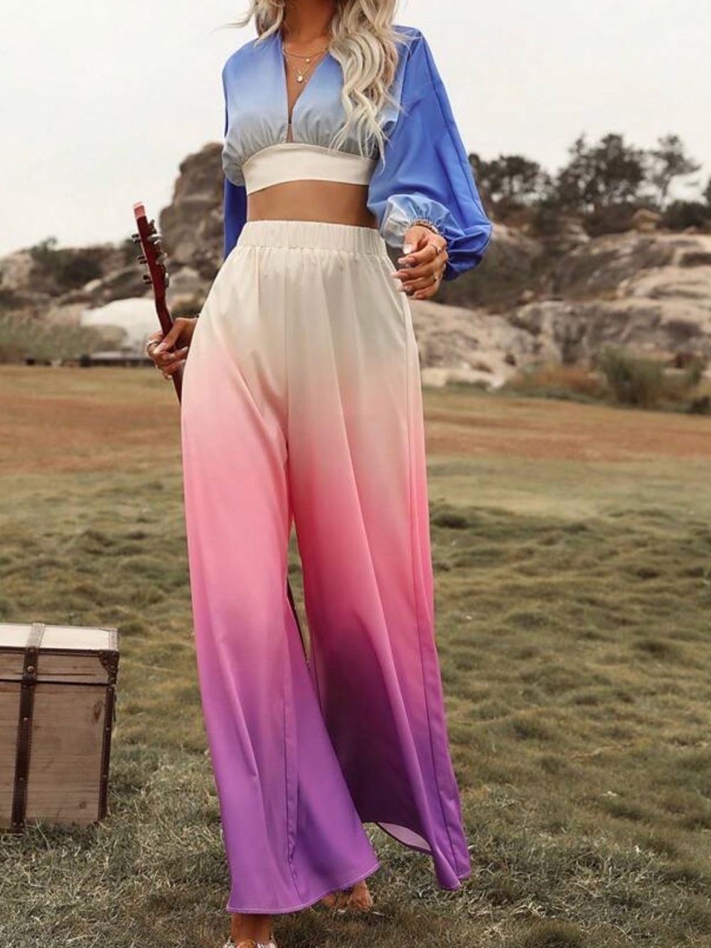 SHEIN Ombre Crop Top & Wide Leg Pants 2 Piece Set M NWOT
